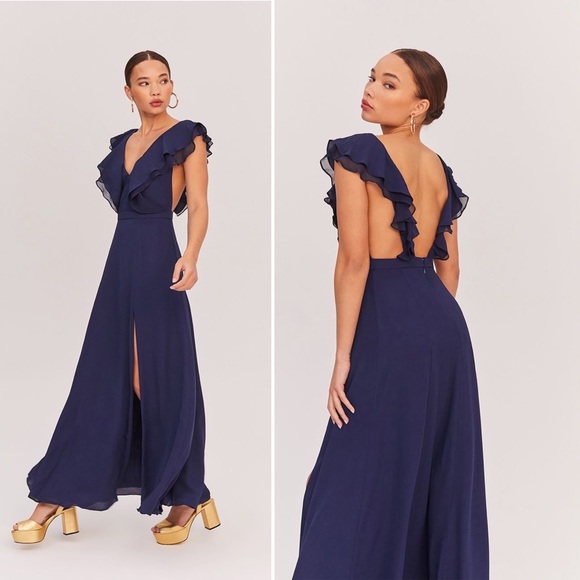 Fame & Partners Olsen Navy Blue Ruffle Maxi Dress - Picture 1 of 12
